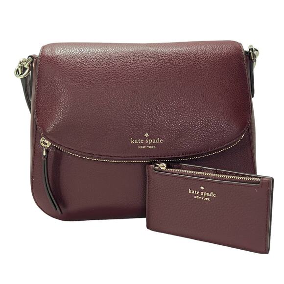 Kate Spade Jackson Shoulder Bag & Wallet Medium Flap Pebbled Leather Cherrywood - Picture 1 of 16